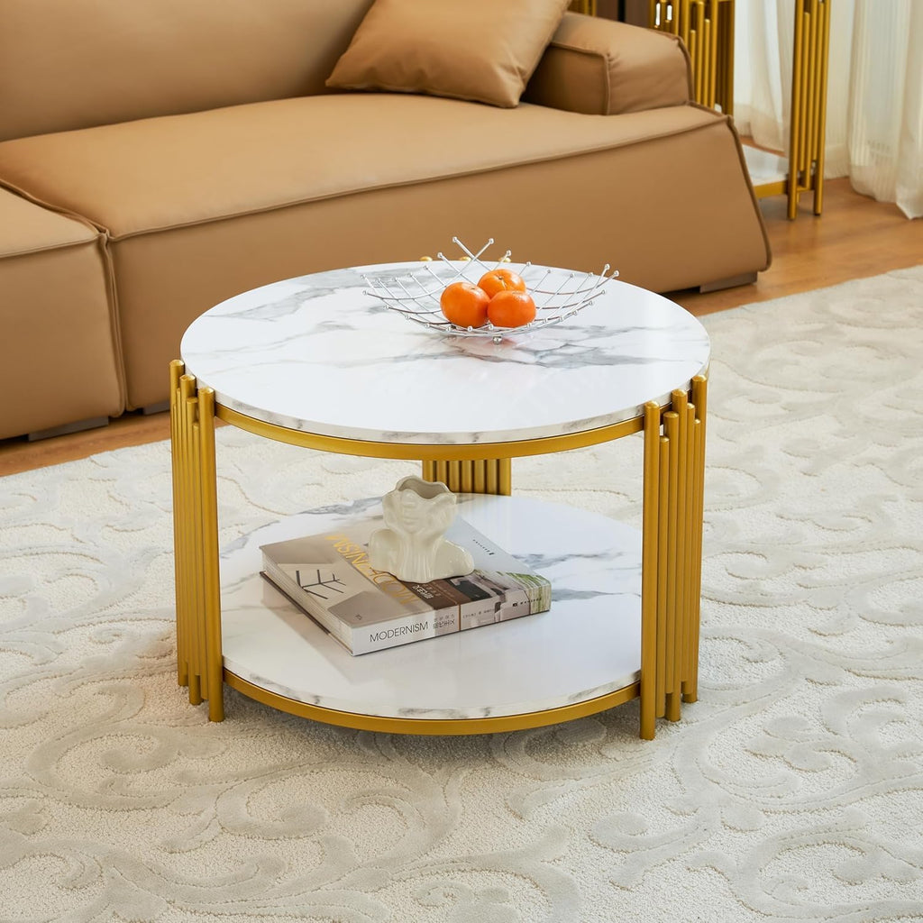 3 Piece Living Room Table Set, Faux Marble Round Coffee Table and End Tables, Luxury Modern White Coffee Table Set of 3 with Gold Metal Frame for Living Room, Bedroom, Apartment