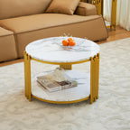 3 Piece Living Room Table Set, Faux Marble Round Coffee Table and End Tables, Luxury Modern White Coffee Table Set of 3 with Gold Metal Frame for Living Room, Bedroom, Apartment