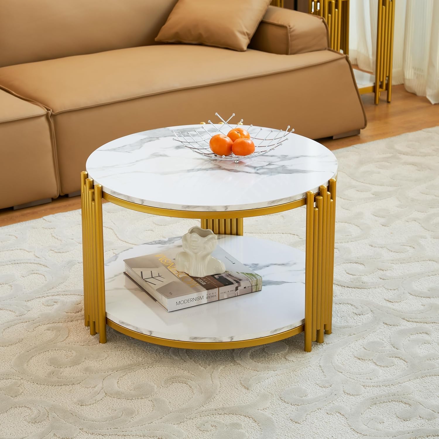 3 Piece Living Room Table Set, Faux Marble Round Coffee Table and End Tables, Luxury Modern White Coffee Table Set of 3 with Gold Metal Frame for Living Room, Bedroom, Apartment