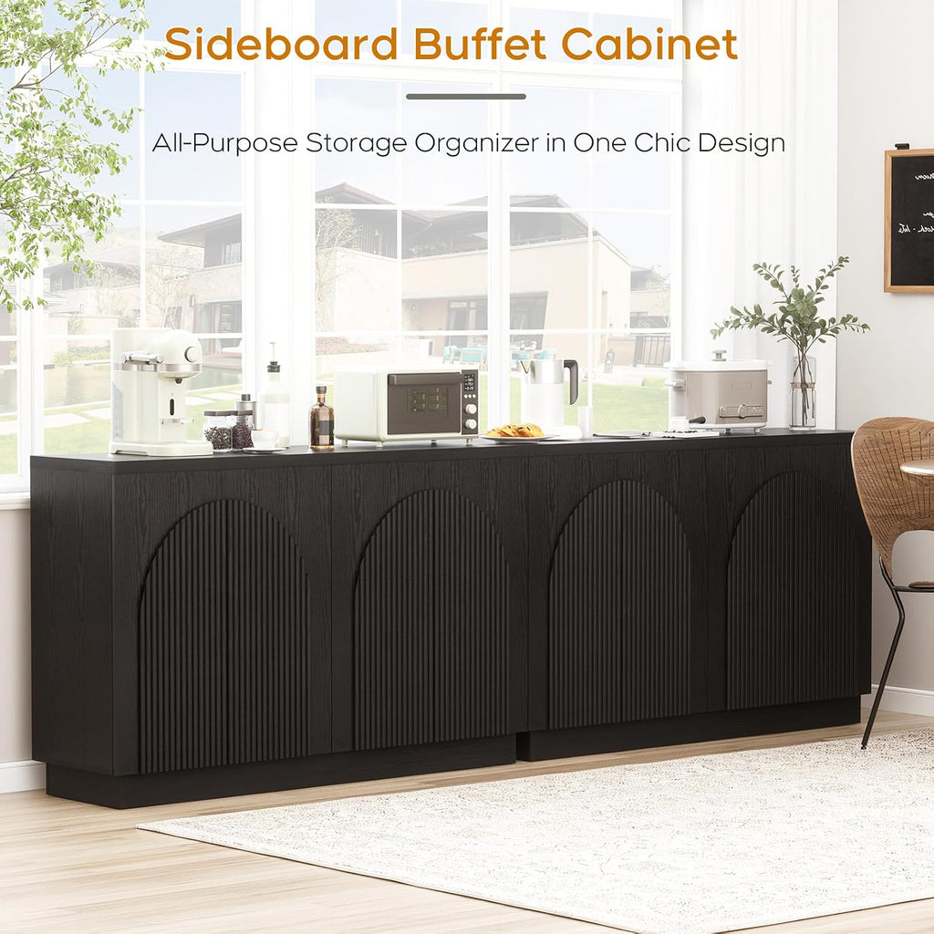 Black Fluted Sideboard Buffet Cabinet Set of 2 with Arched Reeded Doors, 110 Inch Extra Long Mid Century Modern Credenza Accent Storage Cabinet with Adjustable Shelves for Living Room Dining Room