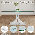 7-Piece Modern Luxury Glass Dining Set, Large Minimalist Rectangle Dinner Set for 6, 63'' Clear Glass Top Kitchen Table Set with White & Silver Base, Beige Tufted Chairs, for Apartment Home