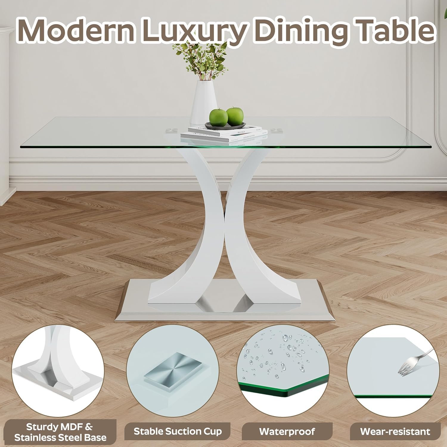 7-Piece Modern Luxury Glass Dining Set, Large Minimalist Rectangle Dinner Set for 6, 63'' Clear Glass Top Kitchen Table Set with White & Silver Base, Beige Tufted Chairs, for Apartment Home