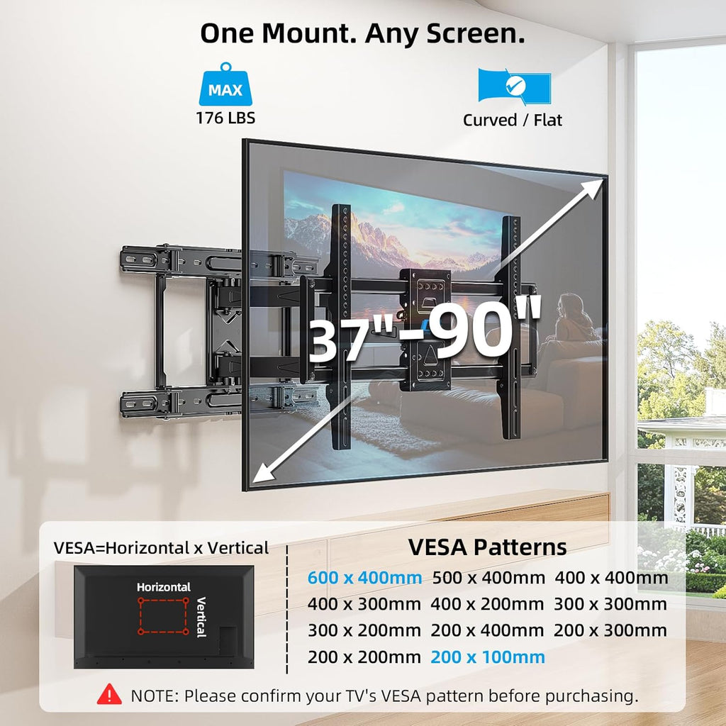 HOME VISION Full Motion Articulating TV Wall Mount for 37-90 Inch TVs up to 176 lbs, Fits 24" Wood Studs (8-24"), Heavy Duty TV Bracket & Mounts, Extendable Arm & Swivel Tilt Level, Max 600x400mm VESA