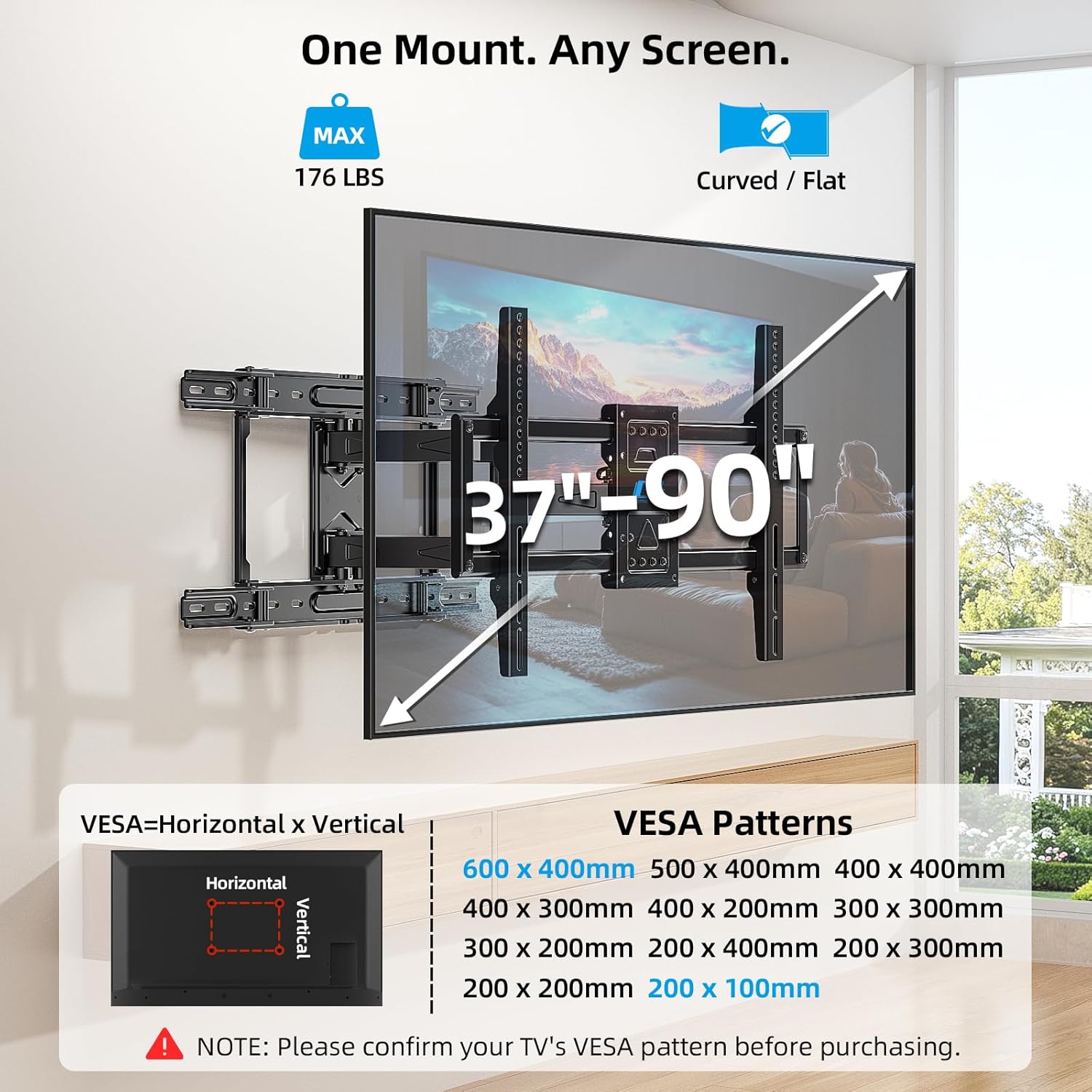HOME VISION Full Motion Articulating TV Wall Mount for 37-90 Inch TVs up to 176 lbs, Fits 24" Wood Studs (8-24"), Heavy Duty TV Bracket & Mounts, Extendable Arm & Swivel Tilt Level, Max 600x400mm VESA