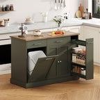 4 EVER WINNER 53" Kitchen Island with Storage, Rolling Kitchen Island with 3-Large Spice Racks and Trash can, Portable Island for Kitchen with Adjustable Shelves, Green