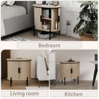CANMOV Mid Century Modern Side Table,Oval Nightstand with Charging Station & Storage,Fluted Bedside Table with Sliding Doors,End Table for Small Space,Living Room, Bedroom,Kitchen,Oak