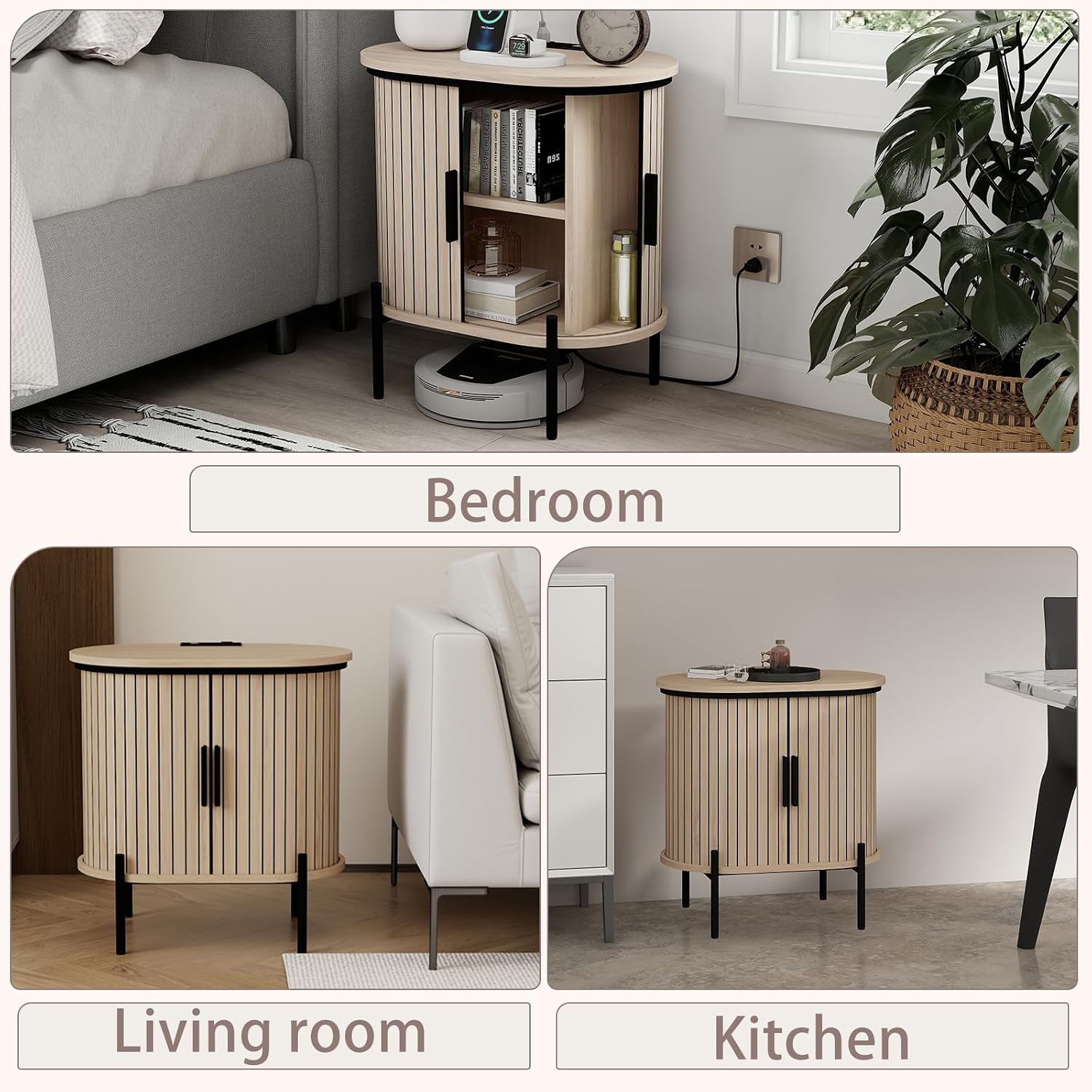CANMOV Mid Century Modern Side Table,Oval Nightstand with Charging Station & Storage,Fluted Bedside Table with Sliding Doors,End Table for Small Space,Living Room, Bedroom,Kitchen,Oak