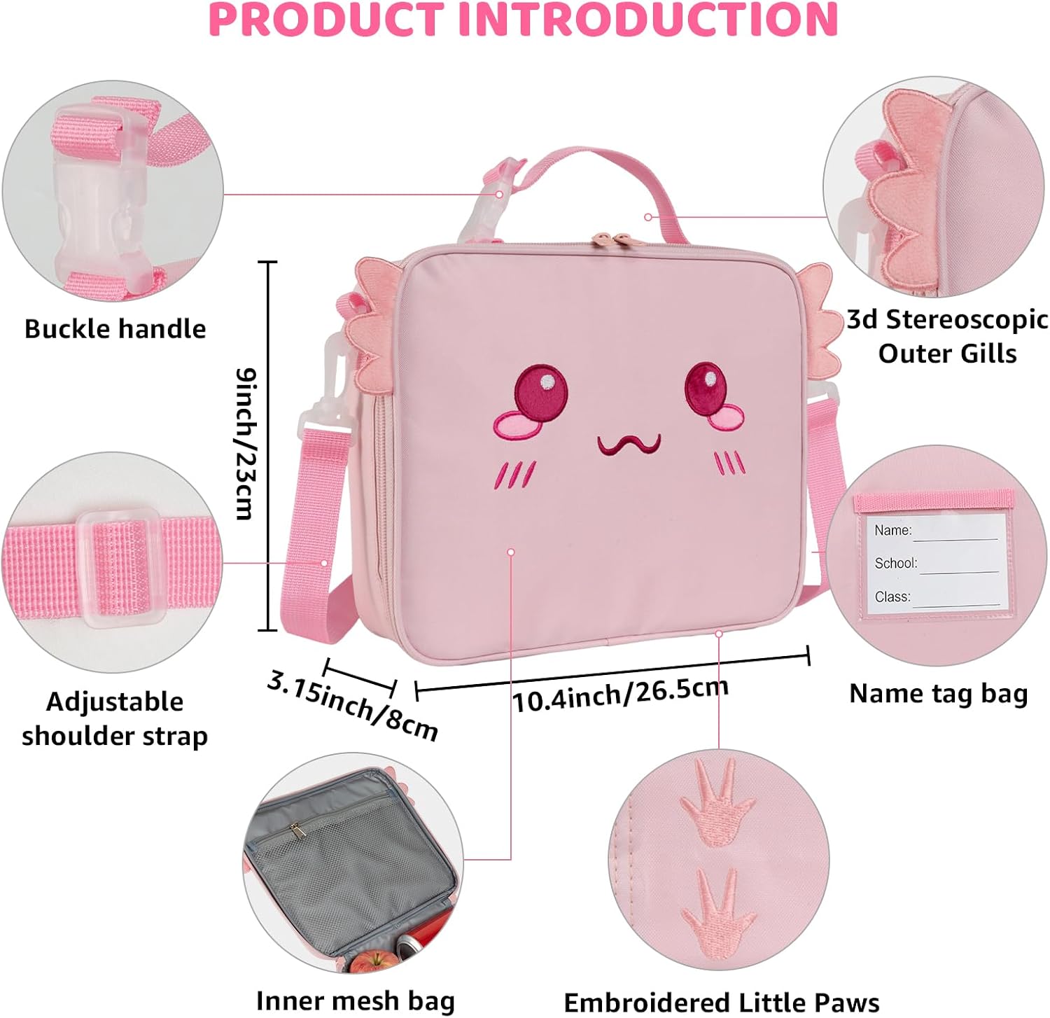 Insulated Axolotl Lunch Bag lonchera for Teen Girl Boy Kid Bento Box Reusable Large Capacity Portable Waterproof Leakproof with Name Tag to School Office Picnic Travel (1PCS Lunch Bag)
