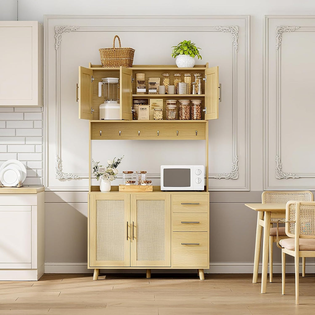 71" Tall Kitchen Pantry Cabinet, Freestanding Rattan Hutch with Microwave Stand, 3 Drawers & 6 Hooks, Kitchen Pantry Cabinet for Dining Room & Kitchen Organization