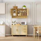71" Tall Kitchen Pantry Cabinet, Freestanding Rattan Hutch with Microwave Stand, 3 Drawers & 6 Hooks, Kitchen Pantry Cabinet for Dining Room & Kitchen Organization