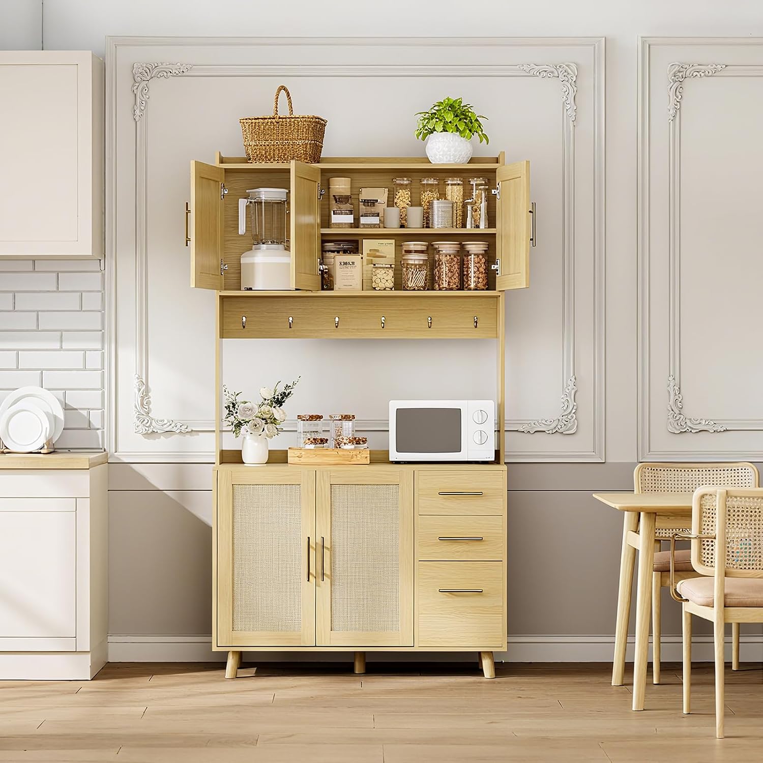 71" Tall Kitchen Pantry Cabinet, Freestanding Rattan Hutch with Microwave Stand, 3 Drawers & 6 Hooks, Kitchen Pantry Cabinet for Dining Room & Kitchen Organization