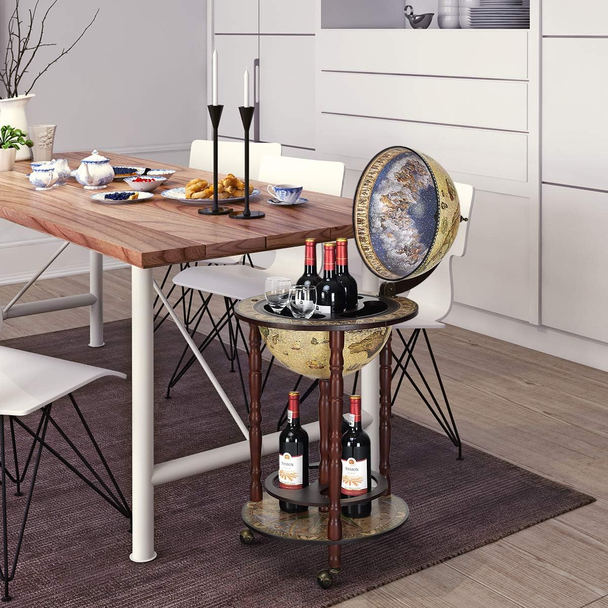 TANGZON 330MM/360MM Globe Drinks Cabinet, Movable Whisky Wine Spirits Cabinet with Casters, Wine Container Minibar Storage Wooden Cart (Cream)