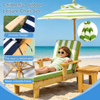 Kids Lounge Chair Outdoor, Toddler Chaise Lounge w/Removable Striped Fabric Cushions, Parasol and Coffee Table, Minimalist Patio Furniture for Pool Beach Backyard Lawn(Green)