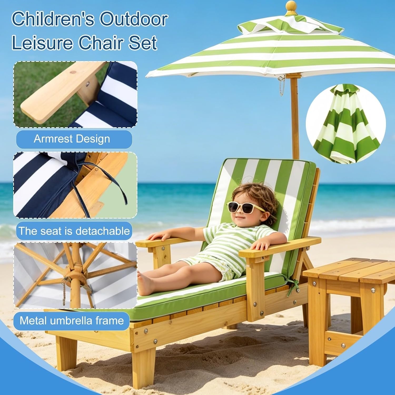 Kids Lounge Chair Outdoor, Toddler Chaise Lounge w/Removable Striped Fabric Cushions, Parasol and Coffee Table, Minimalist Patio Furniture for Pool Beach Backyard Lawn(Green)
