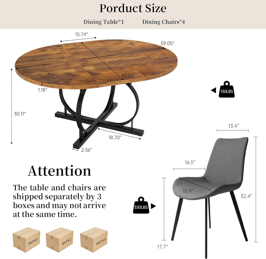 HIPIHOM Extendable Round Dining Table Set for 4 People, 43.3"-59" Extendable Kitchen Table with 4 Upholstered Chairs, Space Saving for Kitchen Dining Room (Vintage Brown Table+4 Grey Chairs)