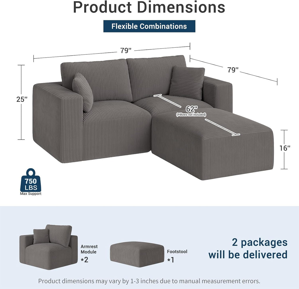 Modular Sleeper Sofa Couch Modern Sectional Couches for Living Room - 79" L-Shaped Boneless Cloud Couch - Easy Assembly Corduroy Convertible Sponge Compression Sofas with Chaise for Home House(Grey)