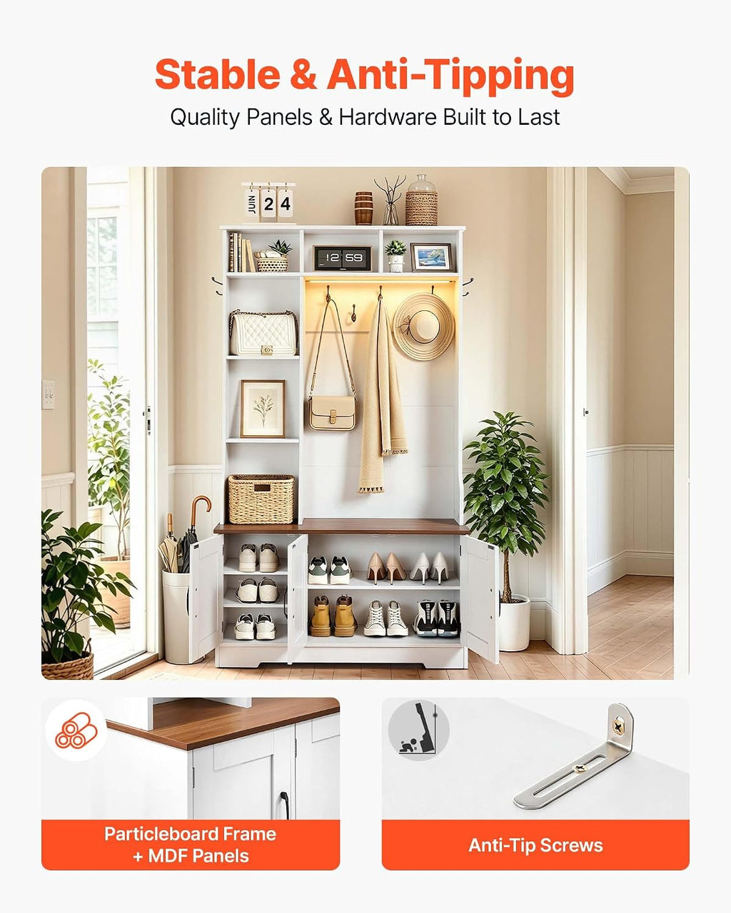 VEVOR Hall Tree with Bench and Shoe Storage, 39" Wide, Entryway Hall Tree with Bench, Hanging Hooks, Storage Shelves, Adjustable Shoe Shelves, LED Light, Wooden, for Mudroom, Entryway, Hallway, White