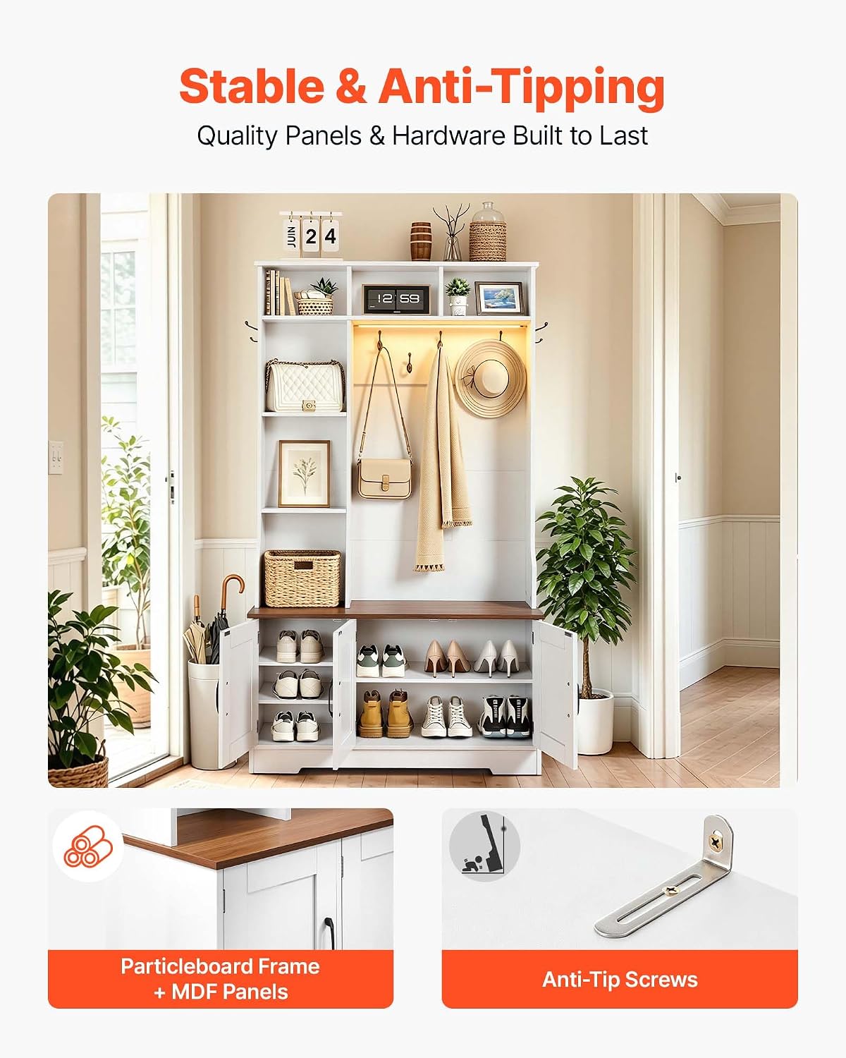 VEVOR Hall Tree with Bench and Shoe Storage, 39" Wide, Entryway Hall Tree with Bench, Hanging Hooks, Storage Shelves, Adjustable Shoe Shelves, LED Light, Wooden, for Mudroom, Entryway, Hallway, White