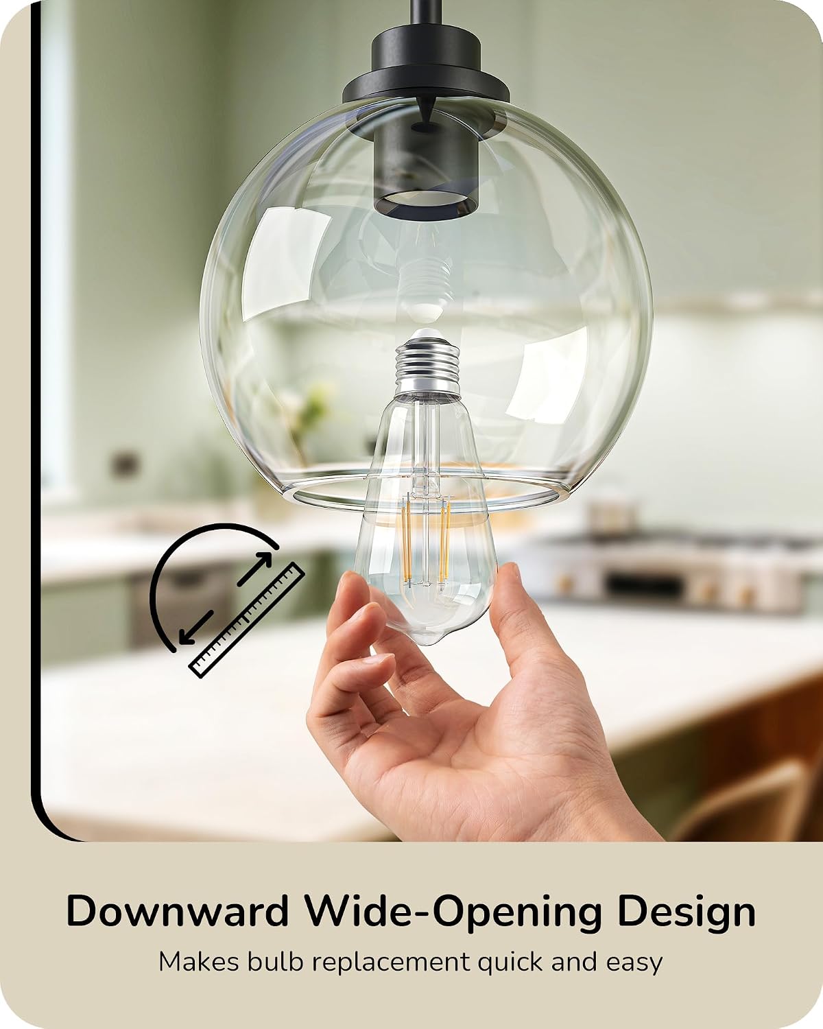 EDISHINE Modern Pendant Lights Kitchen Island 2 Pack, Hanging Light Fixture with Clear Glass Globe Shade, Hardwired Matte Black Adjustable Metal Rod for Bathroom, Dining Room, Bedroom