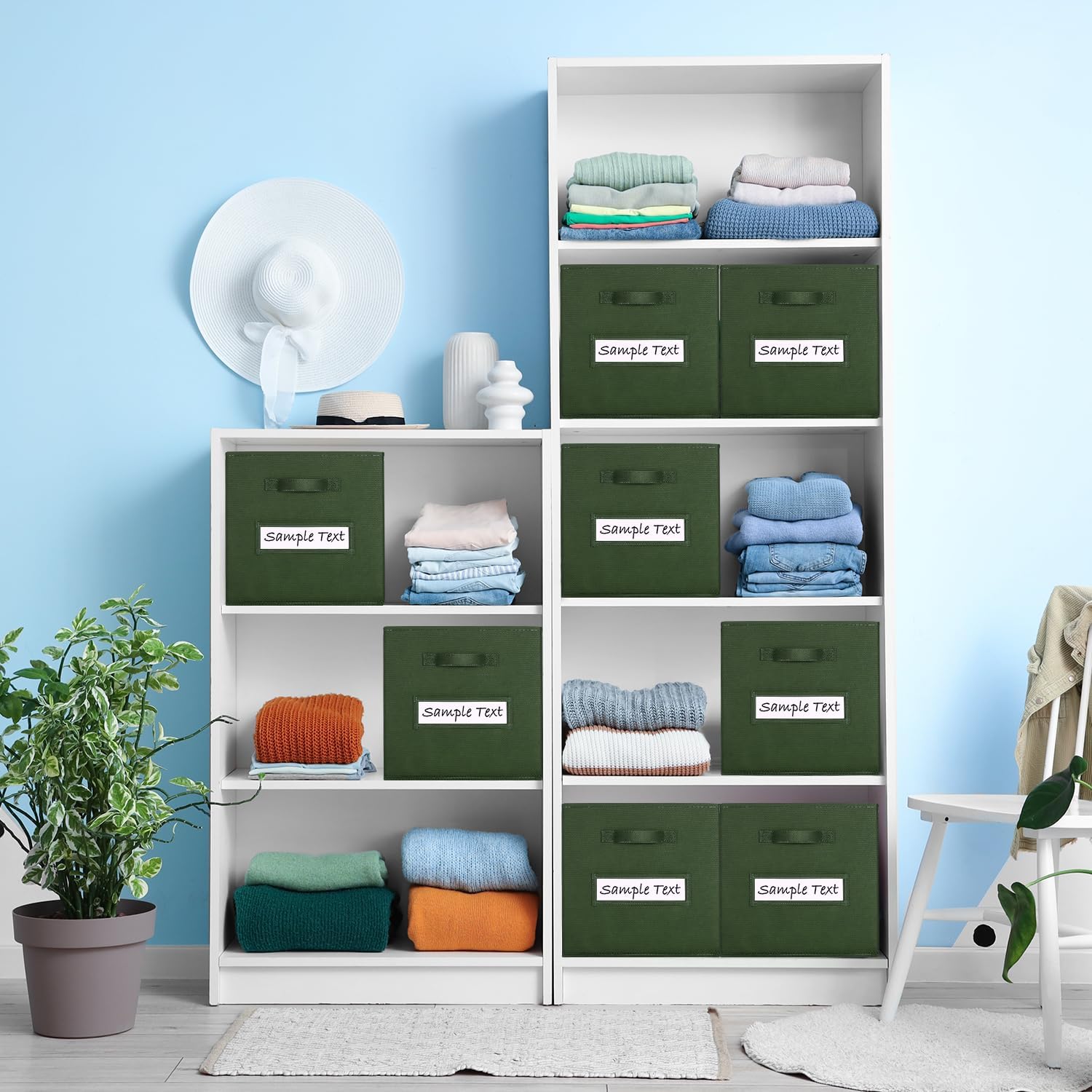 Fabric storage cubes (8 Pack) 13 Inch Cube Storage Bin, cube organizer bins with 8 Labels Window Cards & a Pen, Foldable cube organizer bins and Storage Box, Dark Green