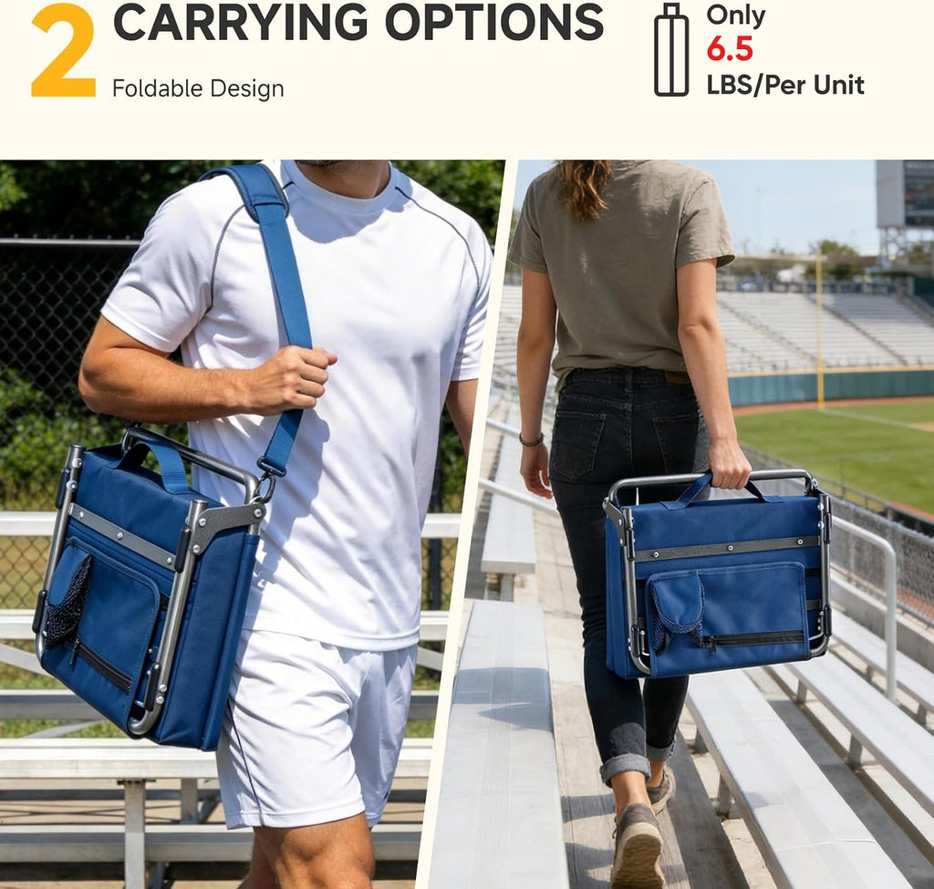 NEWBULIG Stadium Seats with 15.6" Back Support, Wide Bleacher Chairs with 3.15" Thick Padded, Portable Folding Lightweight Bleacher Seat with Hooks for Sports Events, Concerts, Camping, Dark Blue