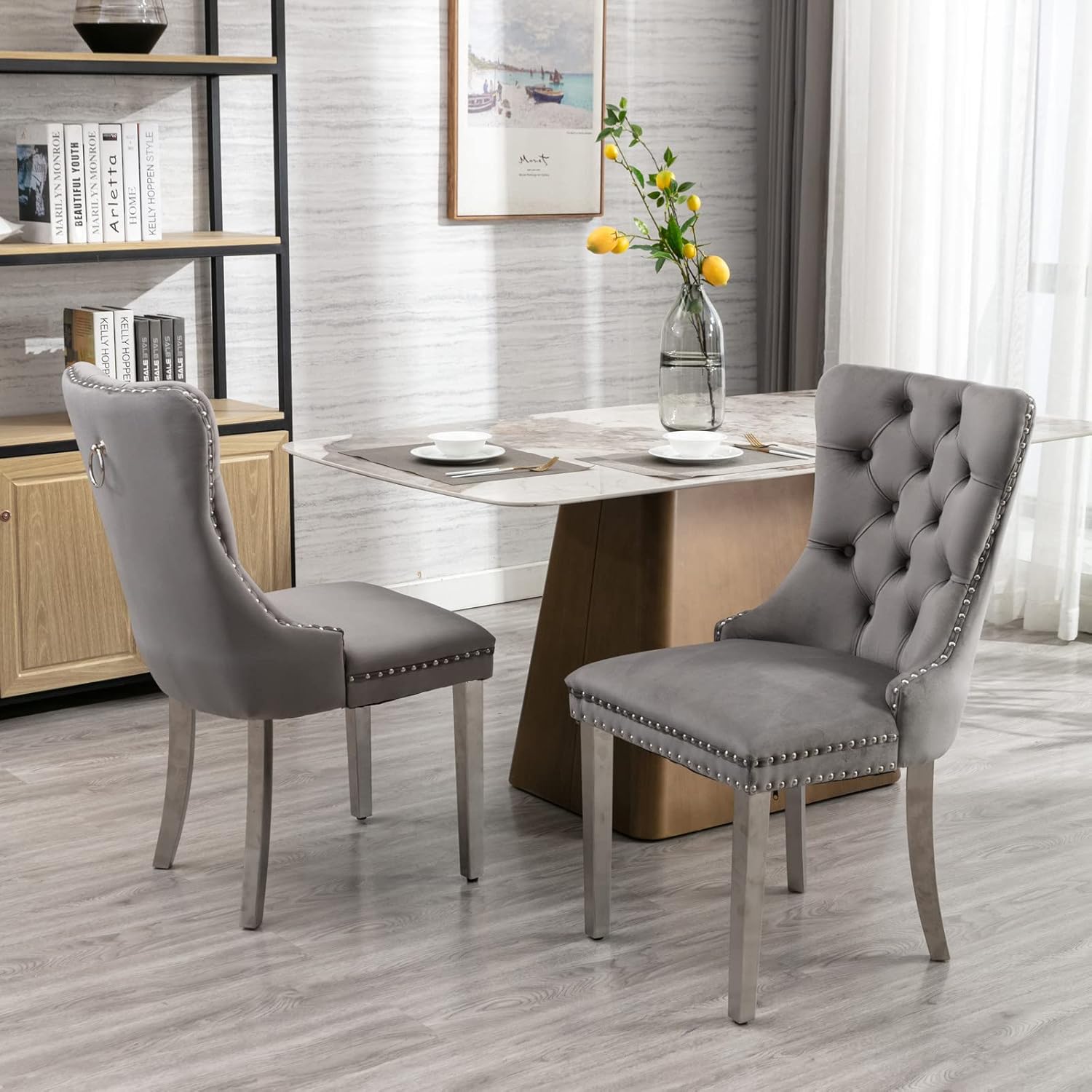 Rustic 7 Piece Dining Table Set, 62.99"-78.74" Extendable Dining Table & 6 Gray Velvet Dining Chairs with Stainless Leg, White Expandable Dining Room Table and Chairs Set
