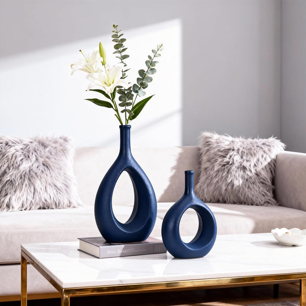 Navy Blue Ceramic Hollow Elliptical Vase Set of 2 - Boho Circle Vase with Hole, for Modern Navy Blue Table Decor, Living Room Decor Shelf mid Century Modern Home Entrance Decorative vase