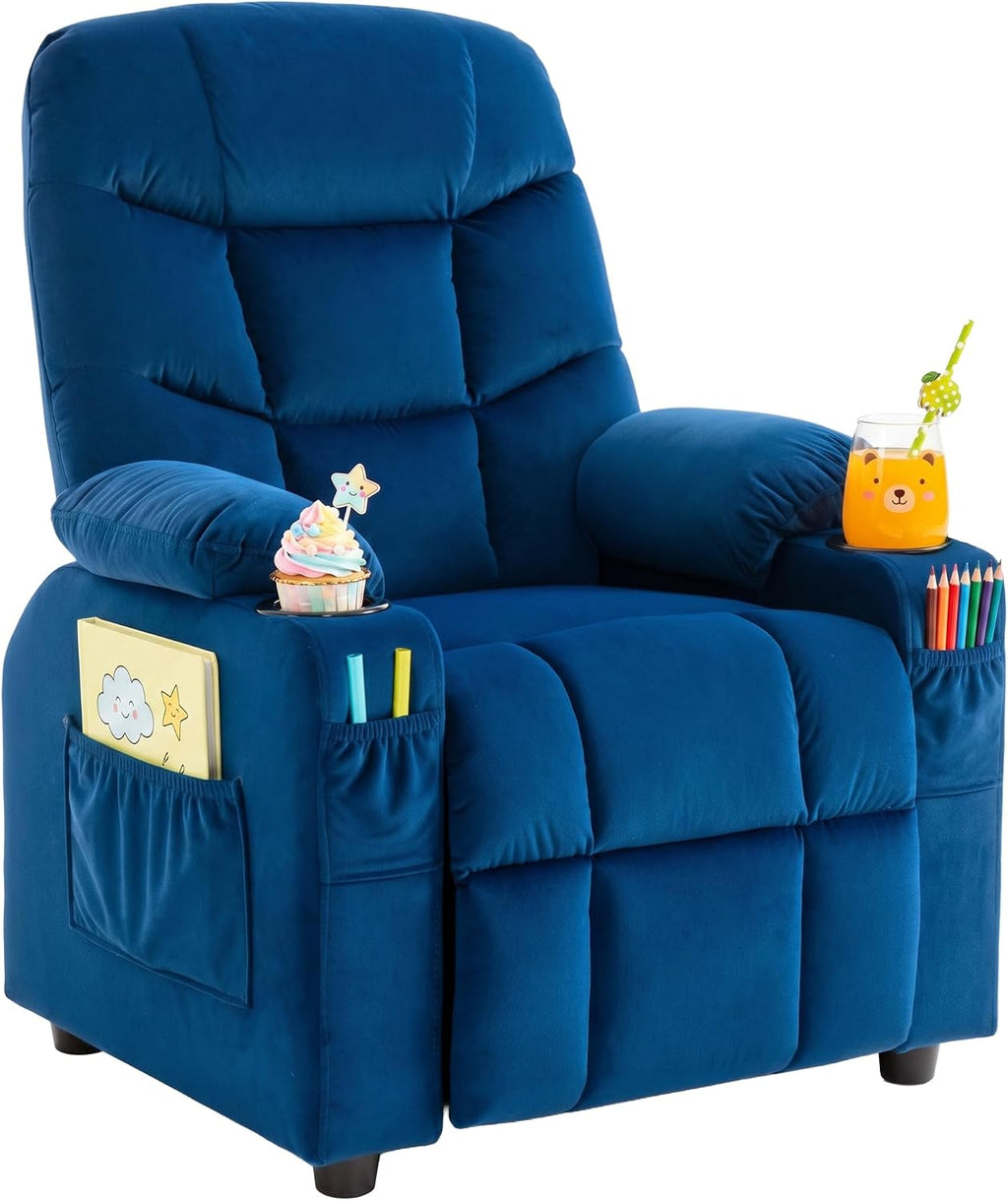 Velvet Larger Kids Reclining Chair Fabric Recliner Sofa Push Back Children Ages 3-12 with Dual Cup Holders and 4 Pockets