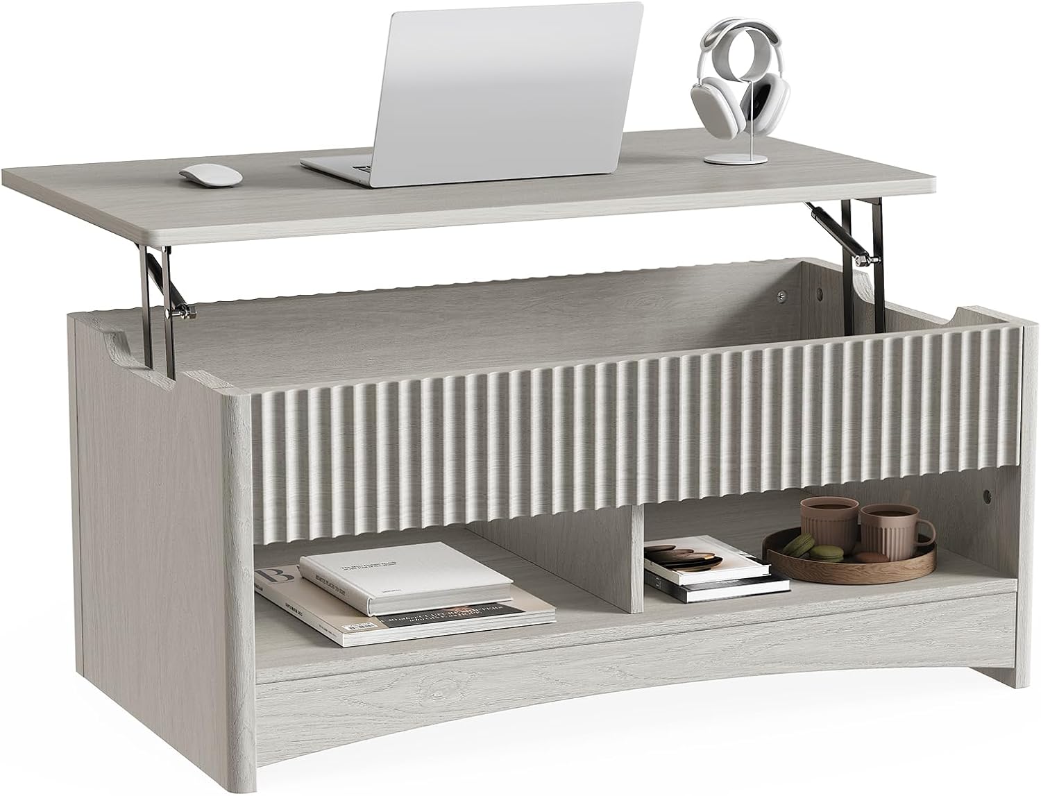 Marsail Lift-Top Coffee Table, Fluted Center Table with Hidden Compartments, Smooth Lifting & Space-Saving Design, Versatile Wood Coffee Table for Living Room and Office, Grey