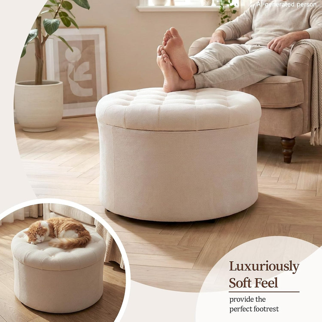 ONBRILL 25" Round Ottoman with Hidden Storage, Ottoman Foot Rest & Storage Stool for Blanket, Chenille Fabric Foot Rest for Couch, Bedroom, Living Room, Corner, or Apartment, Accent Home Decor, Beige