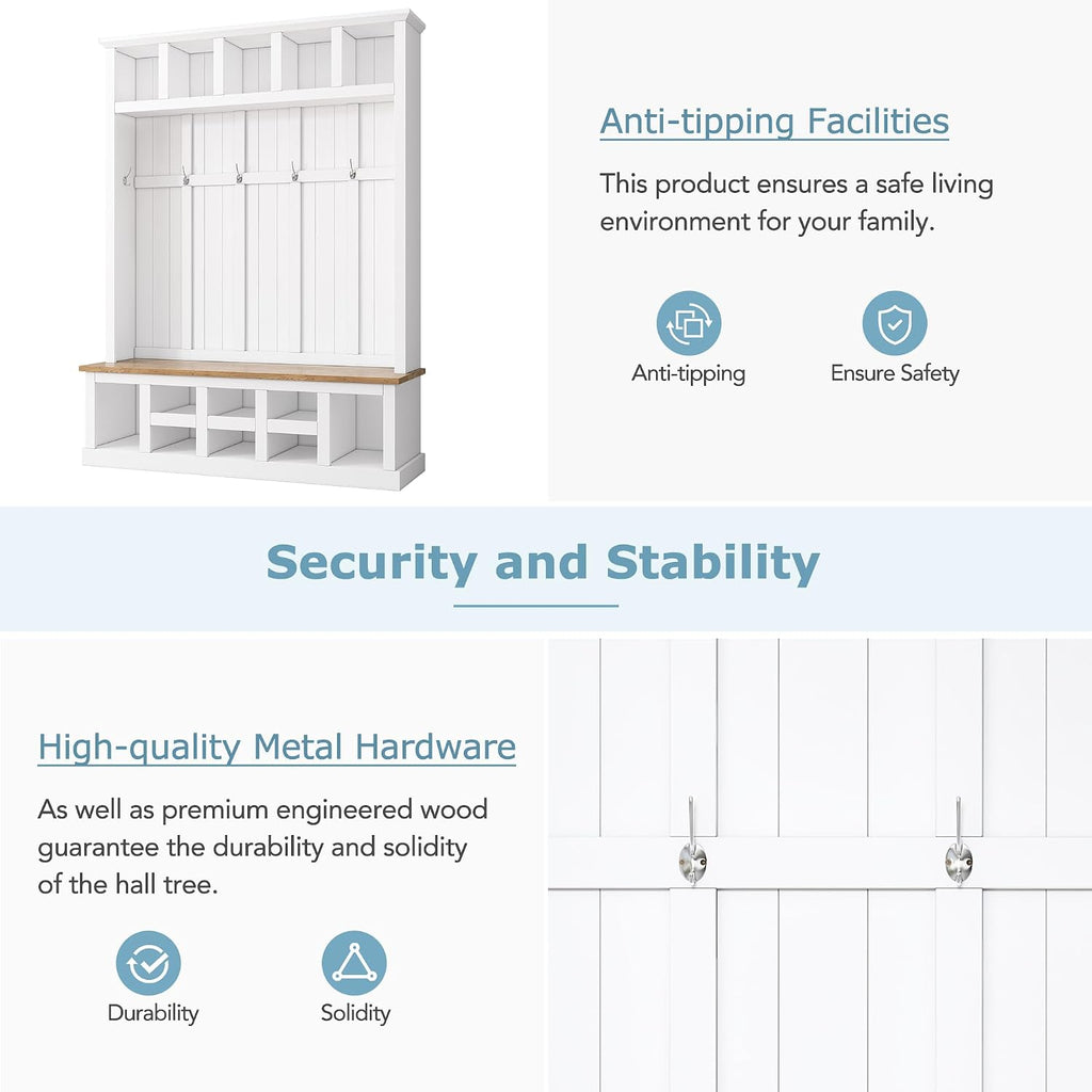 Farmhouse Wood Hall Tree with Bench and Shoe Storage, 5-in-1 Coat Rack with 6 Hooks for Entrance, Hallway White