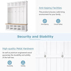 Farmhouse Wood Hall Tree with Bench and Shoe Storage, 5-in-1 Coat Rack with 6 Hooks for Entrance, Hallway White