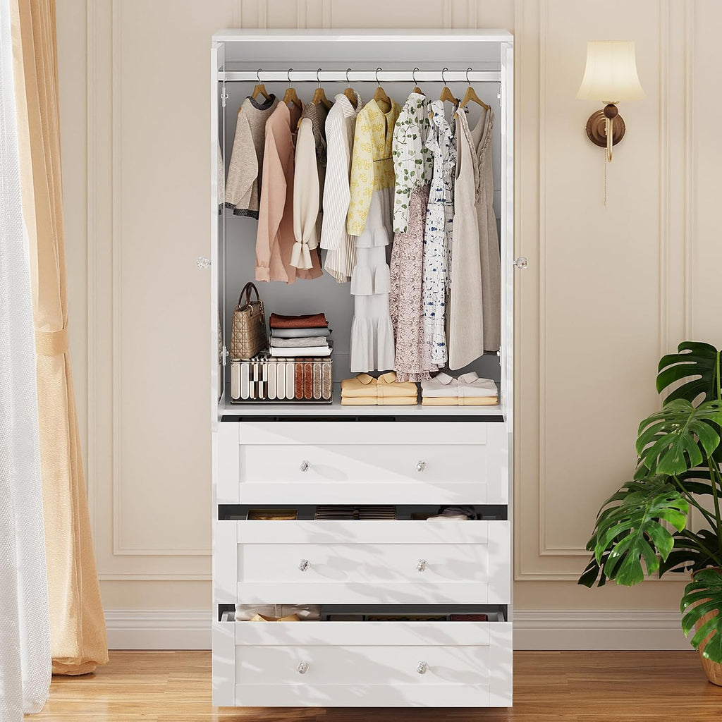 VOWNER 71" Tall Armoire Wardrobe Closet with Drawers and Mirror | Clothing Storage Cabinet with Hanging Rod, 2 Doors Wooden Wardrobe Cabinet for Bedroom, Large Capacity Storage (White)
