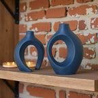 Lvases Snuggle Hollow Ceramic Flower Vase Set 2, Nordic Boho Home Decor | Modern Aesthetic Ins Style Living Room Coffee Table Centerpieces Pampas Grass Decorative Display Matte Navy Blue 6.3"W 8.4"H