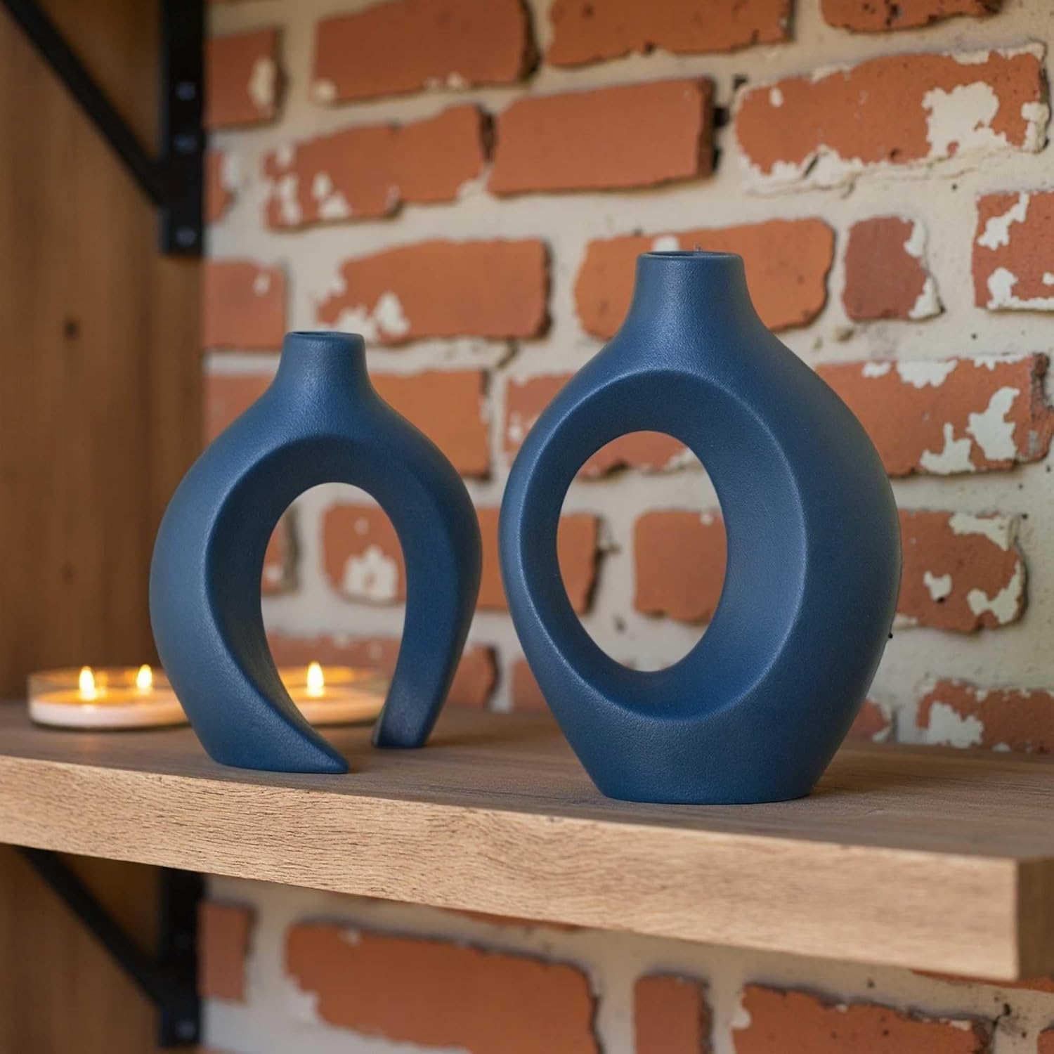 Lvases Snuggle Hollow Ceramic Flower Vase Set 2, Nordic Boho Home Decor | Modern Aesthetic Ins Style Living Room Coffee Table Centerpieces Pampas Grass Decorative Display Matte Navy Blue 6.3"W 8.4"H