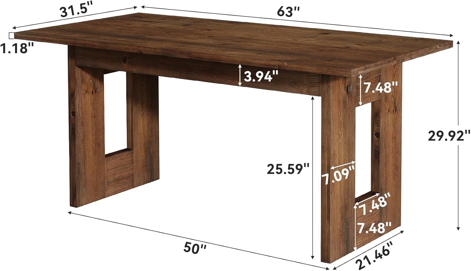 63" Solid Wood Dining Table for 4-6 People, Rustic Rectangular Wood Kitchen Table with Thick Top & Heavy-Duty Legs for Dining Room, Living Room, Rustic Brown