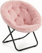 Comfy Faux Fur Saucer Chair for Adults, Foldable Moon Chair with Metal Frame, Soft Padded Lounge Chair for Bedroom, Dorm & Gaming, Large Cozy Circle Chair for Teens & Adults (Dusty Rose)