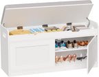2-Tier Storage Bench, 39.4" Wide Shoe Bench with Lift-Up Top, Shoe Storage Bench with Cushion, Shoe Cabinet with Handleless Doors and Adjustable Shelf for Entryway, Bedroom, White KHD02W
