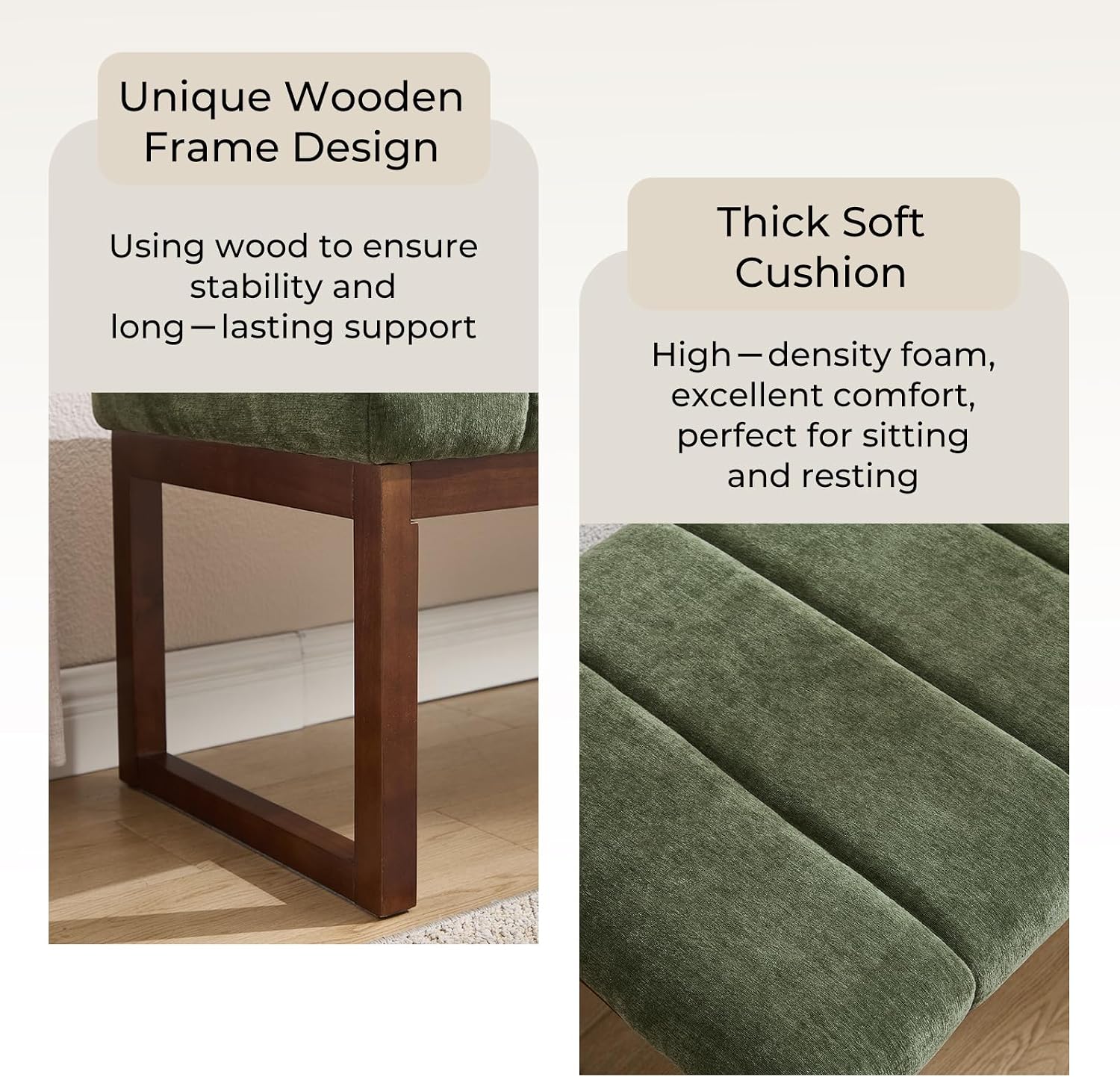 Bedroom Bench for End of Bed, 53.2" Modern Upholstered Chenille Fabric Entryway Bench & Window Bench, Footrest Stool Bench with Solid Wood Frame for Bedroom Living Room, Green