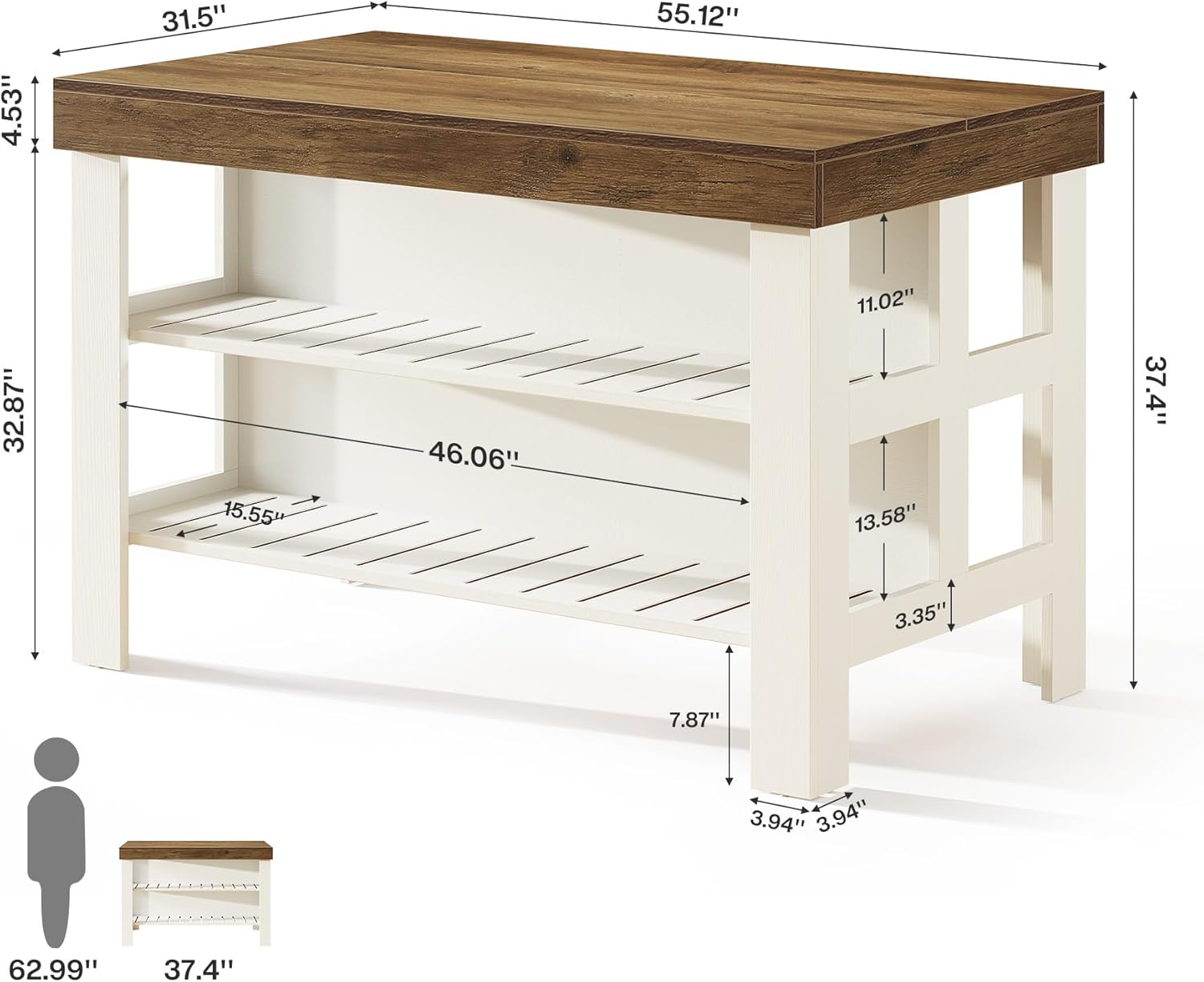 Tribesigns Kitchen Island with Storage Shelves, Farmhouse Wooden Stationary Island Table for Kitchen Dining Room