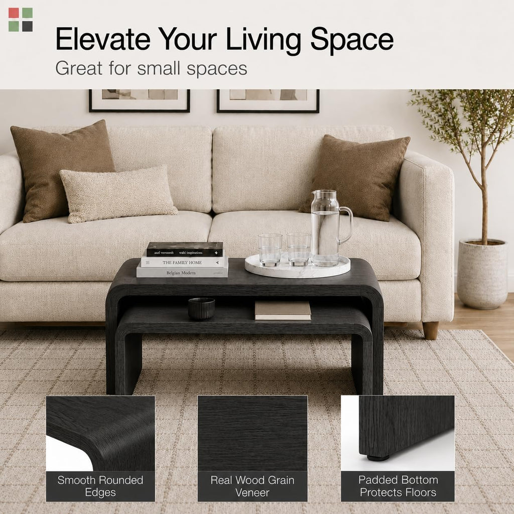 Stead Curved Nesting Coffee Table Set of 2, Modern Wood Nesting Tables for Living Room, Space Saving Stackable Coffee Tables, Fully Assembled