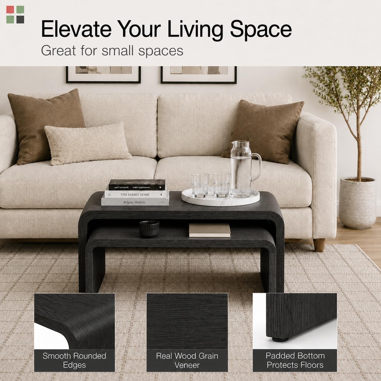 Stead Curved Nesting Coffee Table Set of 2, Modern Wood Nesting Tables for Living Room, Space Saving Stackable Coffee Tables, Fully Assembled