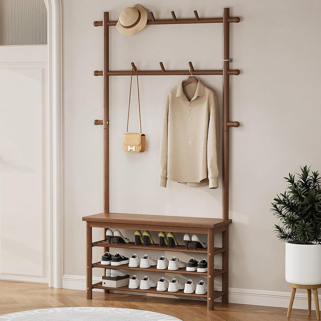 Bamboo Hall Tree with 13 Hook, 6-in-1 Entryway Bench with Coat Rack Freestanding, Coat Rack with Shoe Storage Bench Organizer for Mudroom, Bedroom, All-in-One Shoe Rack,Walnut