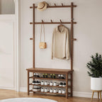 Bamboo Hall Tree with 13 Hook, 6-in-1 Entryway Bench with Coat Rack Freestanding, Coat Rack with Shoe Storage Bench Organizer for Mudroom, Bedroom, All-in-One Shoe Rack,Walnut