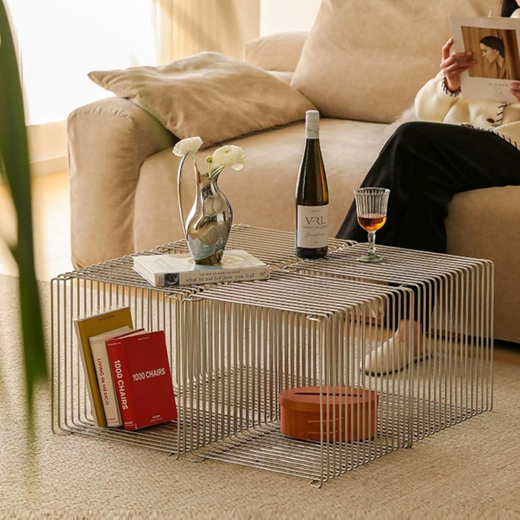 Stainless Steel Side Table, Metal Side Table with Wire Cube Storage, Retro Square Accent Table for Living Room Office Silver Finish (Silver,14in)