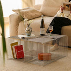 Stainless Steel Side Table, Metal Side Table with Wire Cube Storage, Retro Square Accent Table for Living Room Office Silver Finish (Silver,14in)