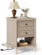 Bestier Night Stand with Charging Station, 26.7" H Farmhouse Nightstand with 2 Drawers & Open Shelf, Solid Wood Nightstand with AC Outlets, USB & USB-C Ports, Bed End Tables for Bedroom, Cream Oak