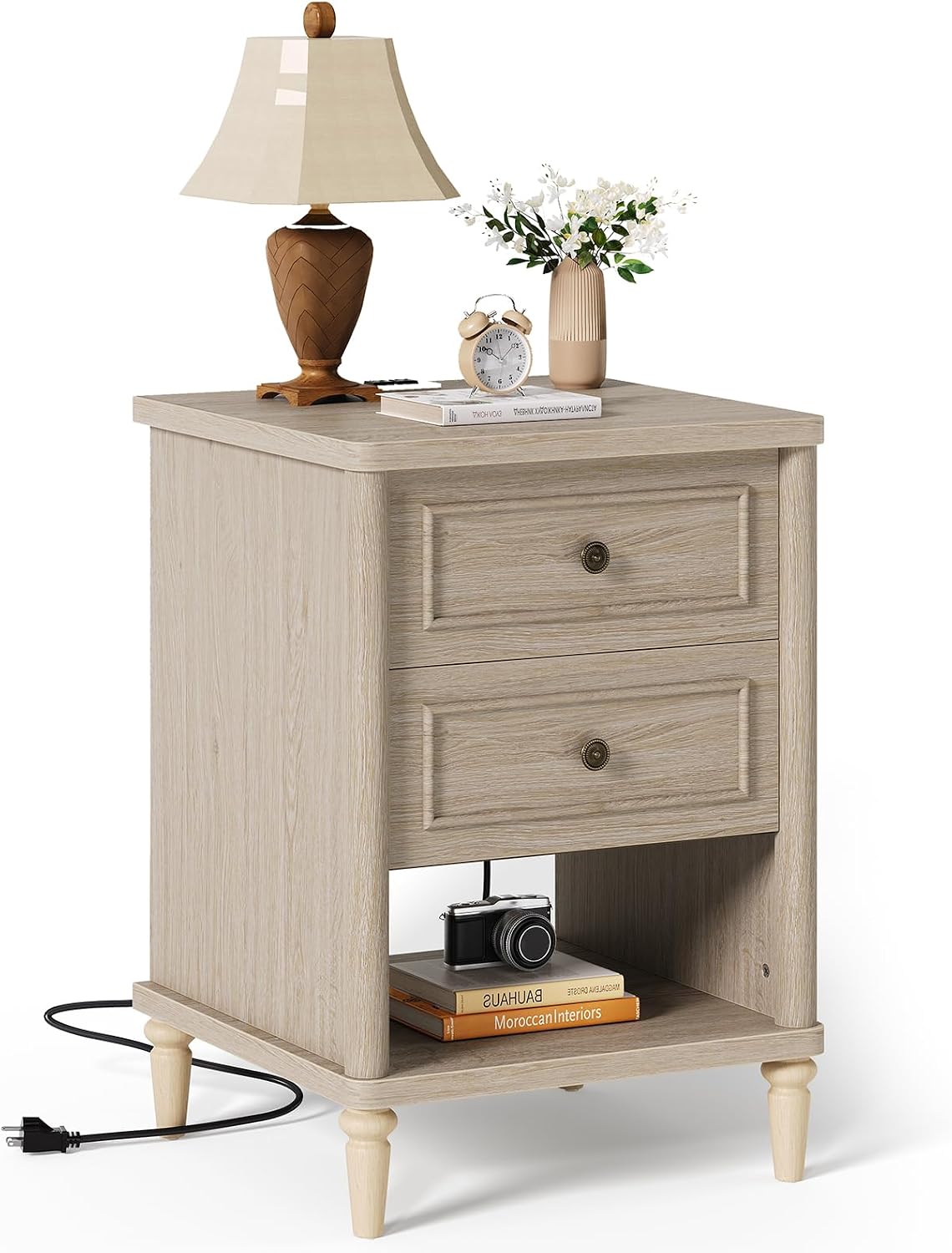 Bestier Night Stand with Charging Station, 26.7" H Farmhouse Nightstand with 2 Drawers & Open Shelf, Solid Wood Nightstand with AC Outlets, USB & USB-C Ports, Bed End Tables for Bedroom, Cream Oak
