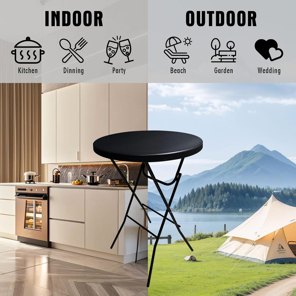 32in Cocktail Table, Folding Round High Top Indoor Outdoor Use, Foldable Bar Height Table for Parties and Commercial Events (Black, 2 Pcs)