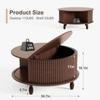 Small Round Coffee Table with Storage, 31.5" Mid Century Modern Coffee Tables with 180° Sliding Cabinet Door, Fluted Circle Drum Center Table for Living Room Small Space, Walnut